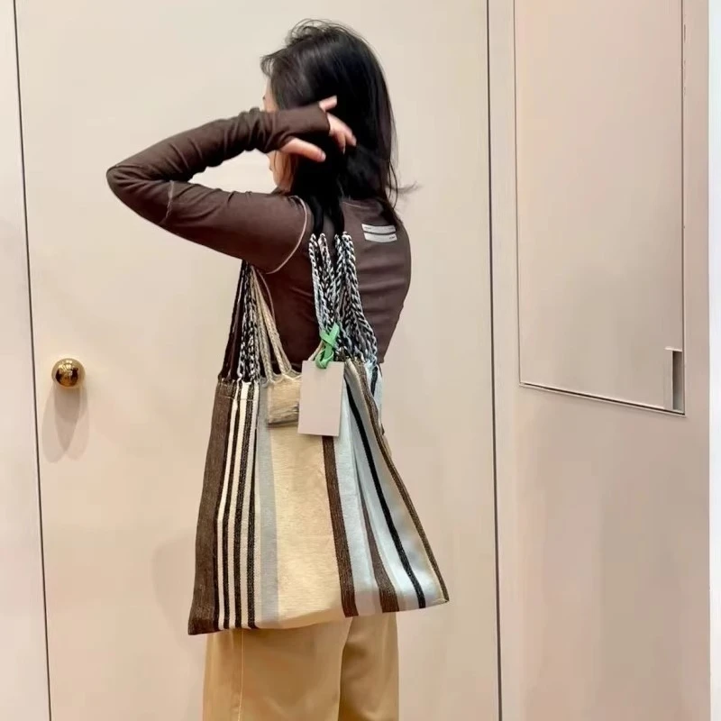 Marni Canvas Hammock Bag Knit Stripe Woven Bag Large Capacity Shopper Casual Shoulder Handheld Tote for Women