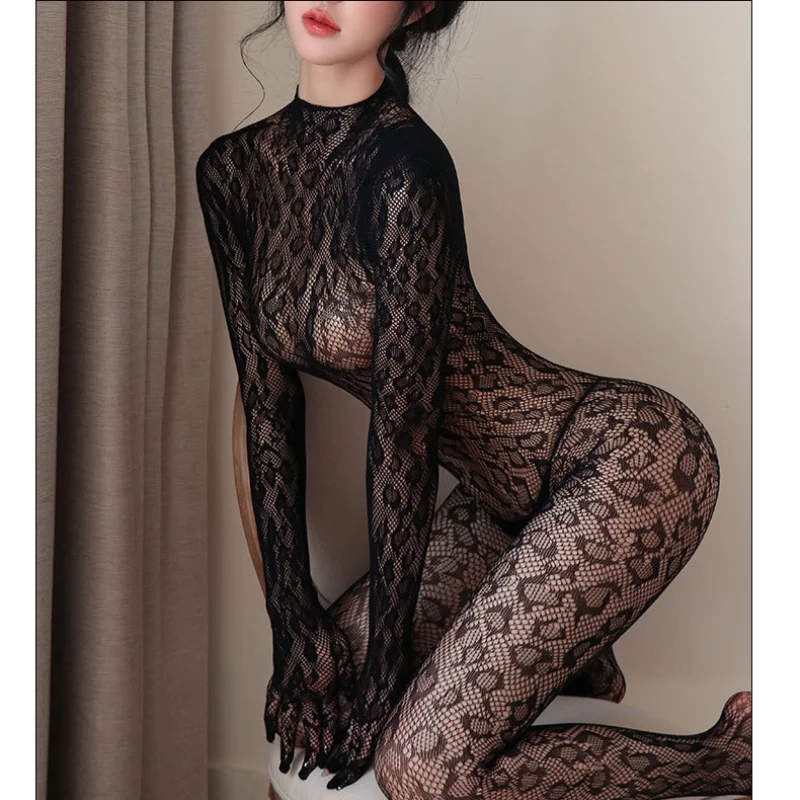 Women Sexy Bodystockings Leopard Print Backless Tights Stockings Hollowed Mesh Pantyhoses Exotic Lingerie Transparent Jumpsuit