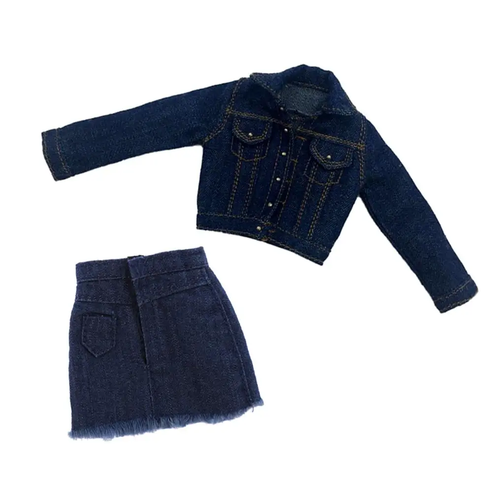 Stylish 1/6 Short Denim Skirt Jean Jacket Set Fabric Clothing for 12in Female Action Figure