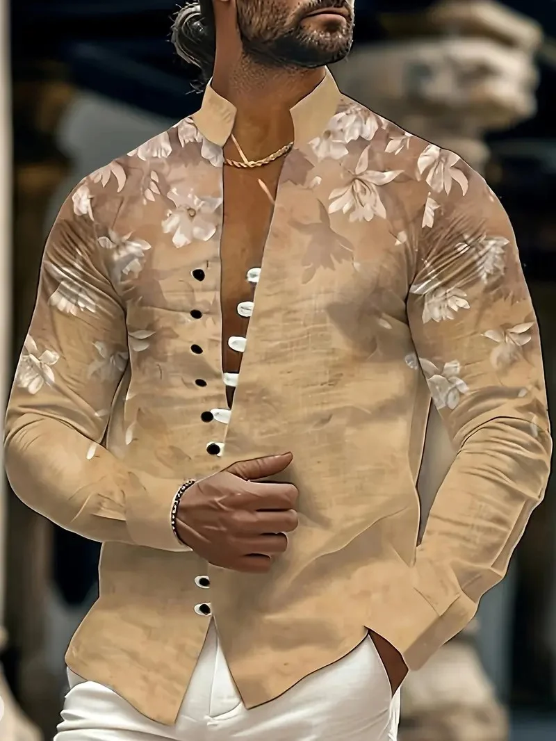 Men's Long Sleeve Shirt New Printed Button Shirt Fashion Loose Men's Shirt Casual Clothing Muslim Men's Clothing.