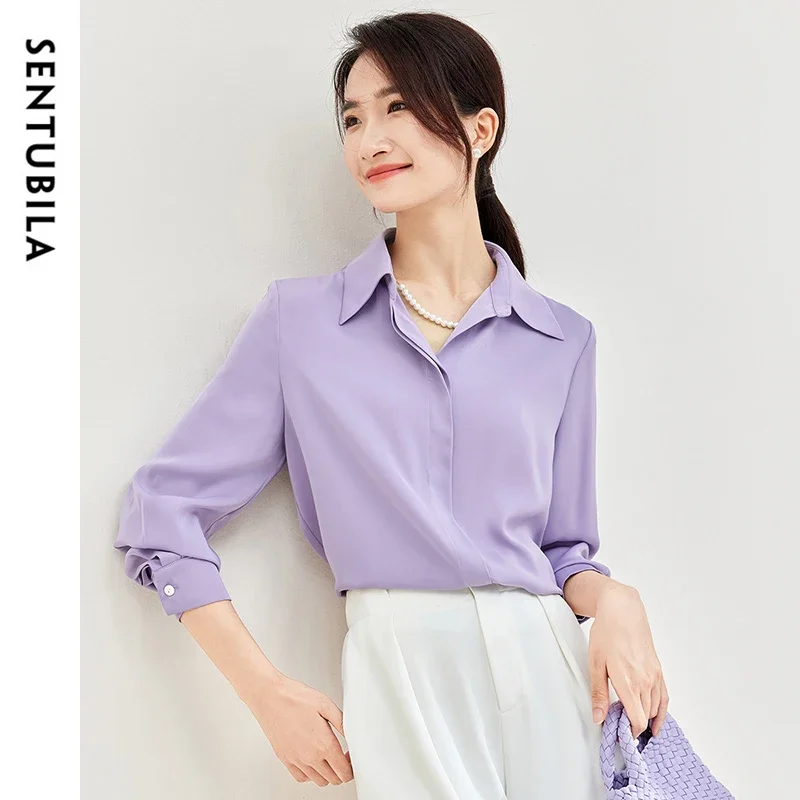 SENTUBILA Solid Office Lady Blouse for Women 2024 Autumn Straight Chiffon POLO Neck Elegant Pearl Chain Women Shirt 143V56771X