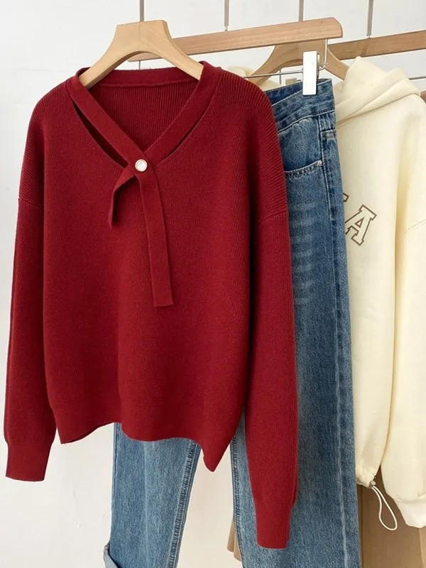 

Мужской винтажный свитер большого размера, красный, с V-образным вырезом, длинными рукавами, свободный трикотажный джемпер, осенне-зимний, модный, универсальный, повседневный, удобный топ