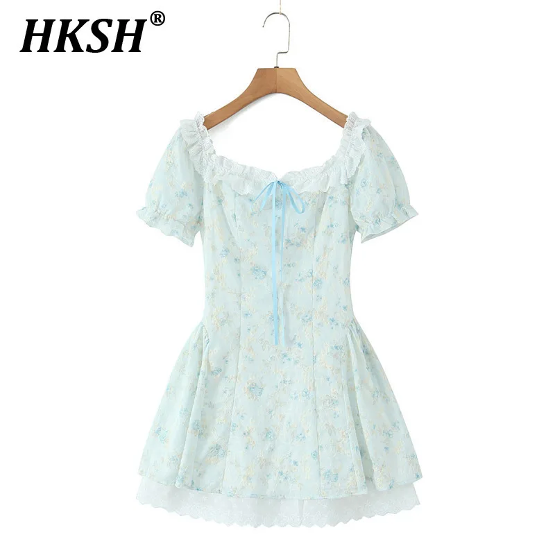 

HKSH Summer New Women's Ins Y2K Streetwear Sweet Style Lace Crochet Embroidered Elegant Waist Slimming Short Floral Dress HK5846