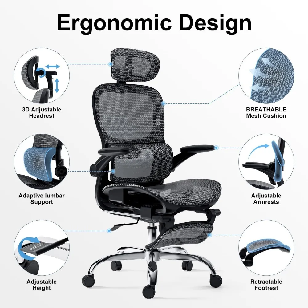 Silla de oficina con función de inclinación, silla de oficina de malla con reposapiés, silla ergonómica con respaldo adaptable, reposacabezas ajustable