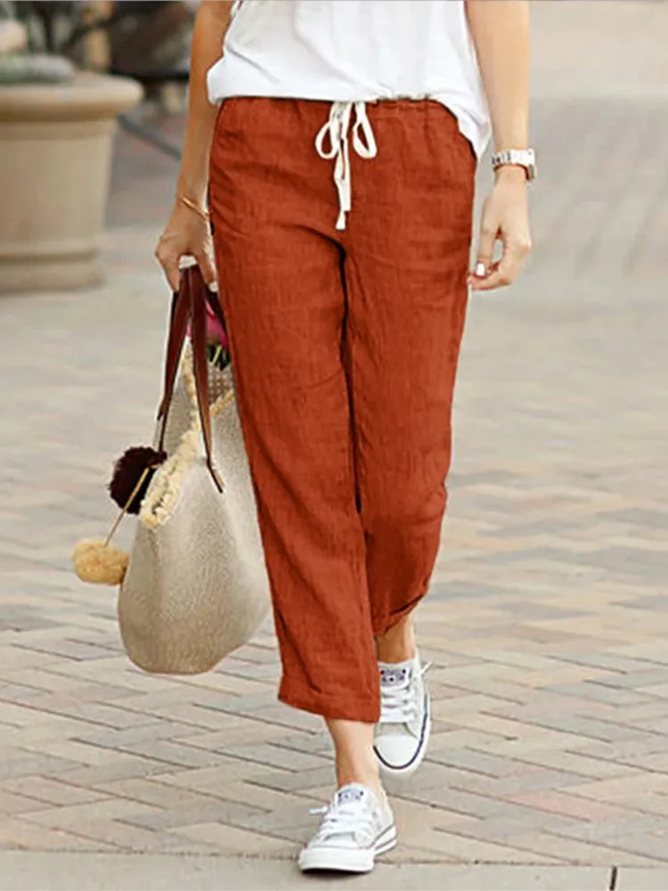 Fashion Black Casual Pants New Spring And Autumn Solid Color Loose Casual Drawstring Elastic Waist Cotton And Linen Trousers