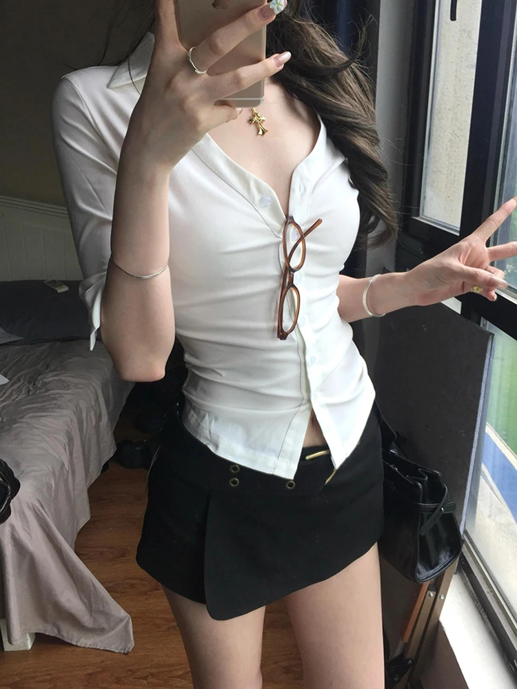 Sexy Witte irt V-Ne Taille-Gekalkt Slip-On ort Sve Vrijetijdskleding voor Dames Knoopdetail Pure Kleur Zomer irt