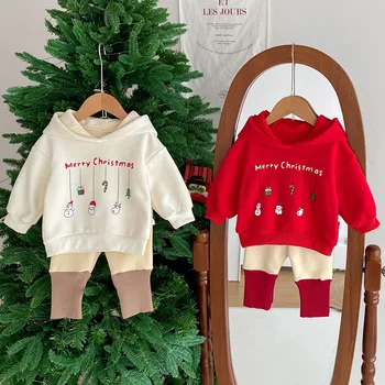 Nieuwjaar Baby Meisjes Jongens Kleding Set Kerst Peuter Baby Jongens Kleding Pak Capuchon Pluche Pullover Cartoon Print