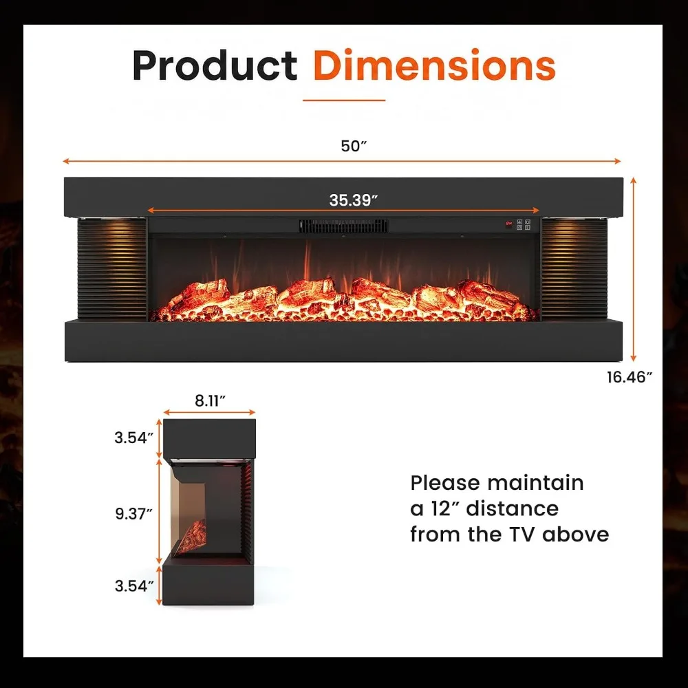 3 Sided Wall Mount Electric Fireplace with 50 Inch Floating Mantel, Black