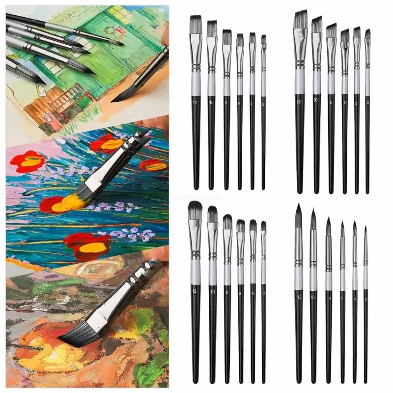 6PCS Professional Artist Paintbrush Flat/Oblique/Round/Pointed Tip Paint Brush Dropship