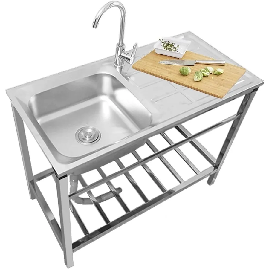

Freestanding Utility Sink 304 Stainless Steel Single Bowl Kitchen Sinks with Hot and Cold Faucet and Storage Shelves for Outdoo