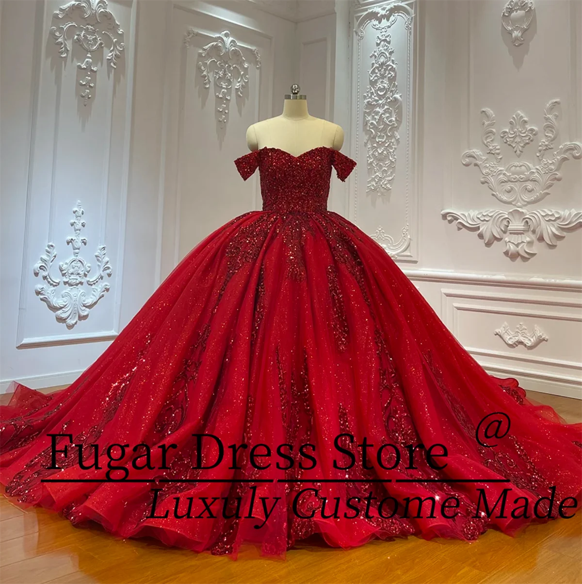 

Customized Elegance Red Quinceanera Dresse sparkle Sequined Magnificent Beadwork Corset Ball Gowns vestidos de 15 quinceañera