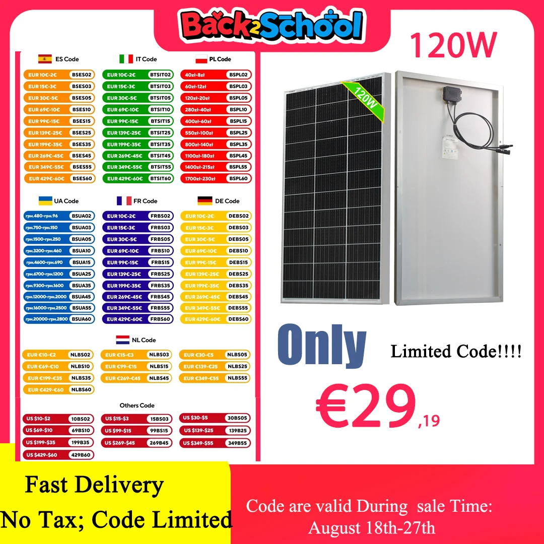 120W 240W 360W 480W Glass Rigid Solar Panel 18V Photovoltaic Panel Monocrystaillne Solar Cell12V/24V Battery Charger Home Roof