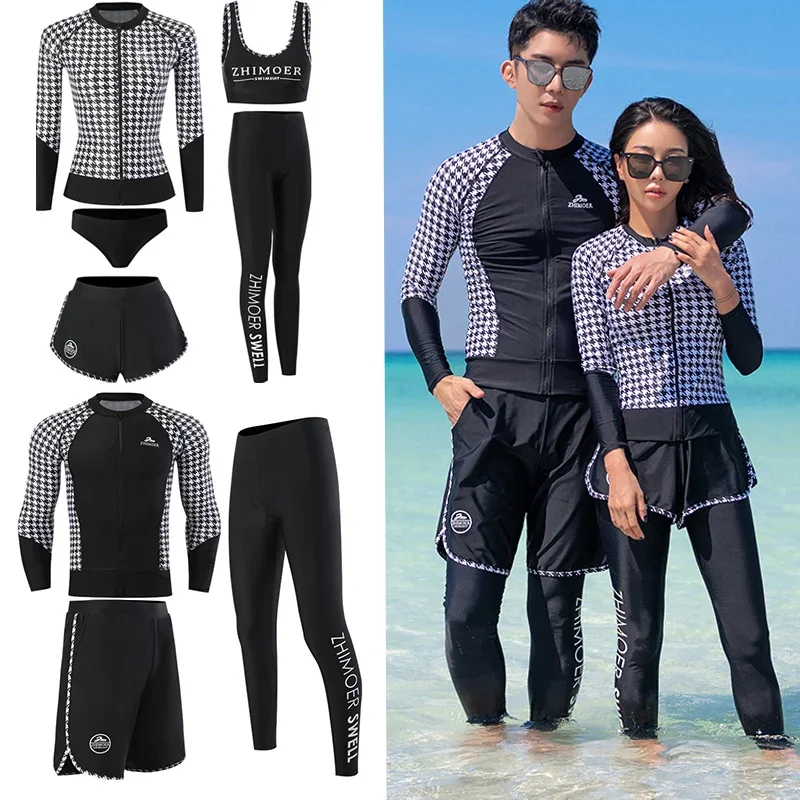 2025 Women 5Pcs Men 3Pcs Plaid Long Sleeve UV Sun Protection Rash Guard Full Body Basic Skin Wetsuit Swimsuit Hoodie Shirt Pants