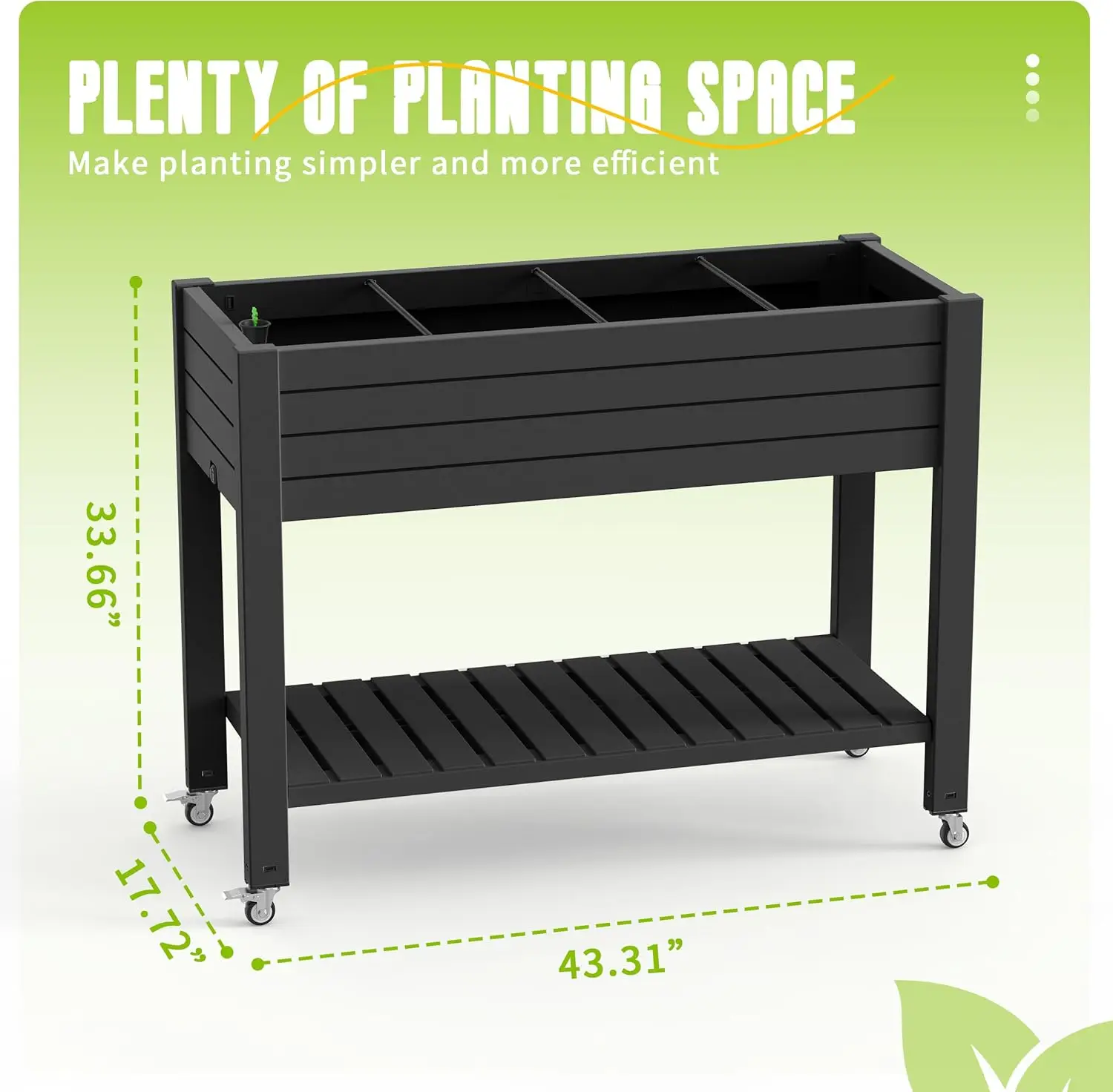 21 Gallon Raised Garden Bed with Legs and Wheels, Raised Planter Box with Drainage Plug and Gauge, Lower Shelf for Tools and Accessories, Dust-Proof Resin for Patio and Backyard(Black)