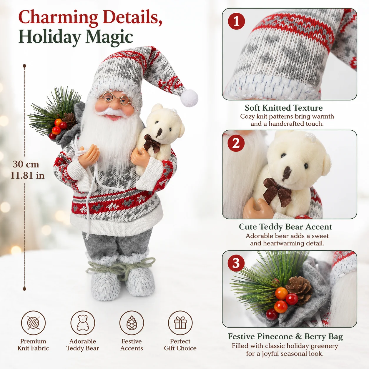 Christmas Santa Claus Figurine 30cm Cozy Knitted Santa Statue with Teddy Bear and Pinecone Berry Accent for Xmas Home Decor
