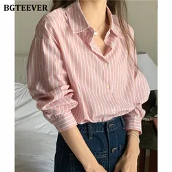 BGTEEVER Loose Striped Blouses for Women Casual Turn-down Collar Long Sleeve Female Summer Shirts Tops