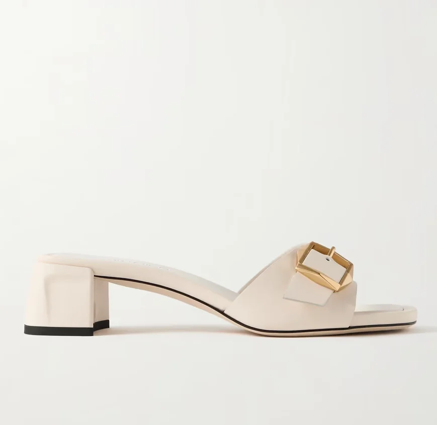 

White Square Toes Comfortable 40mm Block Heels Buckled Leather Mules