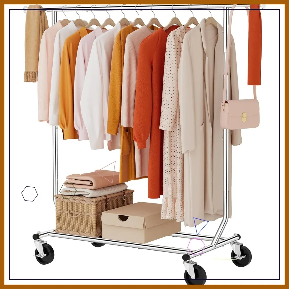 Heavy Duty Foldable Clothes Rack with Wheels, Extendable Rod, and Shelf, Max Capacity 250lbs