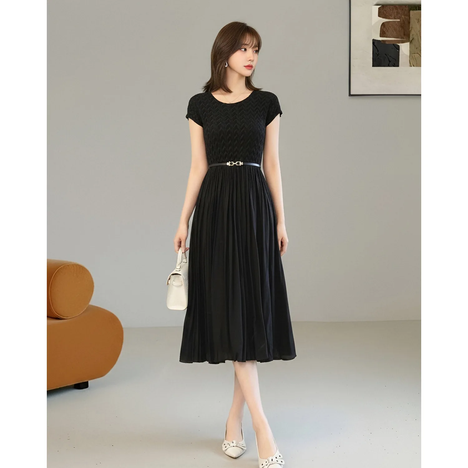 Miyake Apricot Chic Printed Women's Pleated Casual Dress 2026 Summer Fashion New Round Neck Short-sleeved A-line Dresses