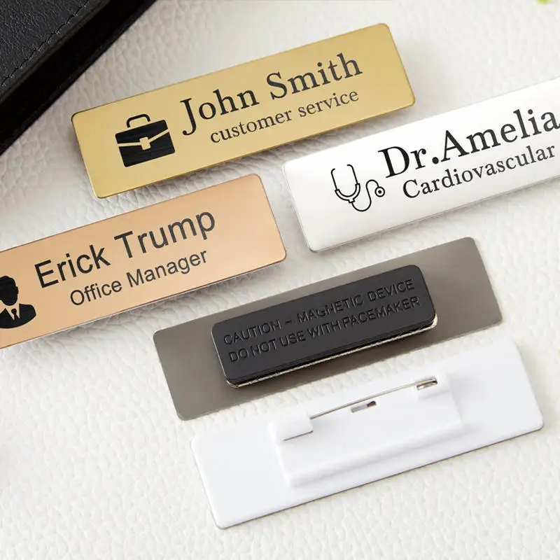 Custom LOGO Blank Metal Engraving Reusable Employee Staff Magnetic Nametag with Magnet Gold Silver