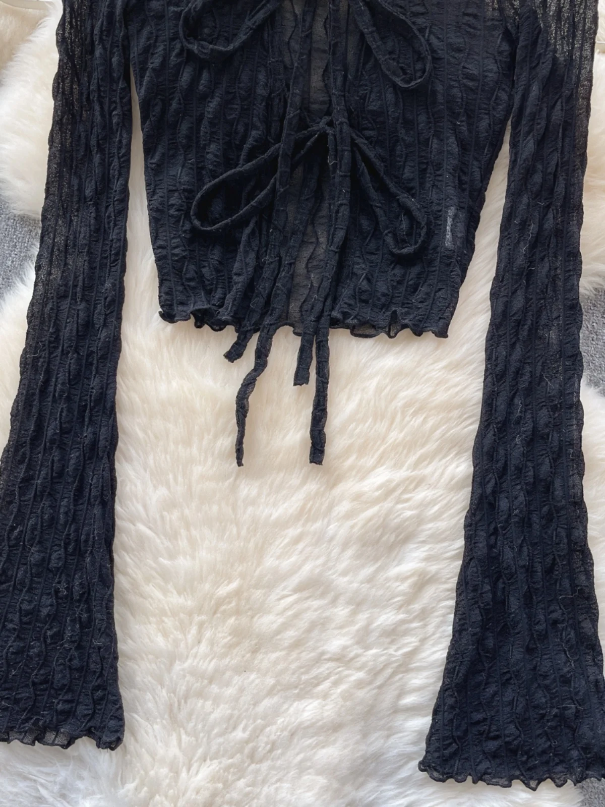 우아한 긴 소매 오픈 카디건 여성 패션 디자인 숄 칼라 레이스 바인딩 슬리브 얇은 디자인 통근 스타일 겉옷