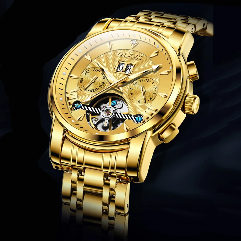 

OLEVS оригинальные брендовые механические часы с турбийоном, золотые стальные светящиеся часы с датой для мужчин, автоматические мужские часы, роскошные часы