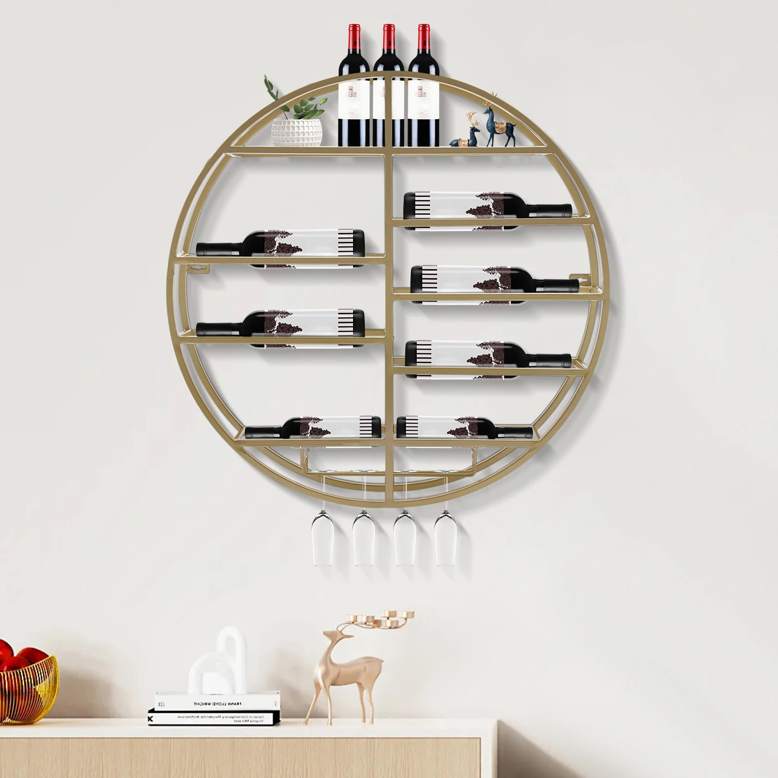 

Gold Wall Mounted Round Wine Rack, 60*11cm Wine Display Rack, Wine Shelf Inverted Track Suspension Design with Glass Holder