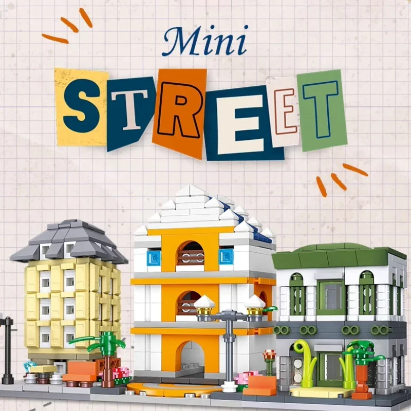 School Bank Library Model Building Blocks Street Scene Small Particles Children's Assembled Toys Model Ornaments Holiday Gift