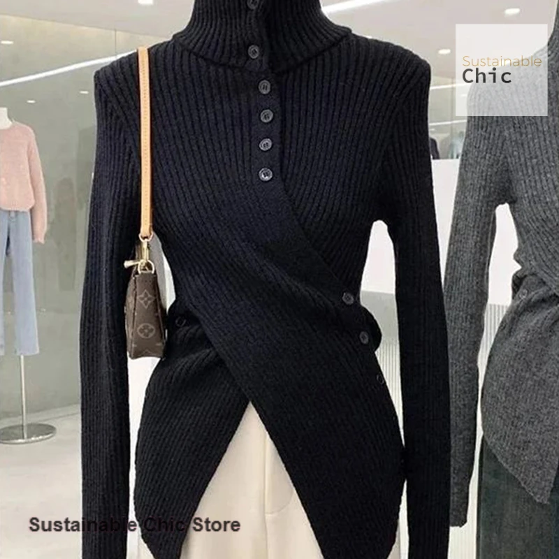 

French chic turtleneck design sweater bottoming shirt women's autumn and winter new fashion slim irregular slim sweater top.