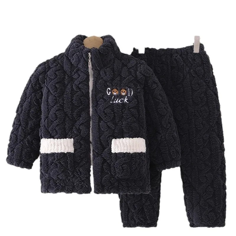 Kids Winter Thicken Warm Soft Flannel Pajamas Sets Cartoon Bear Stand Collar Cotton-Padded Sleepwear Boys Girls Casual Pyjamas