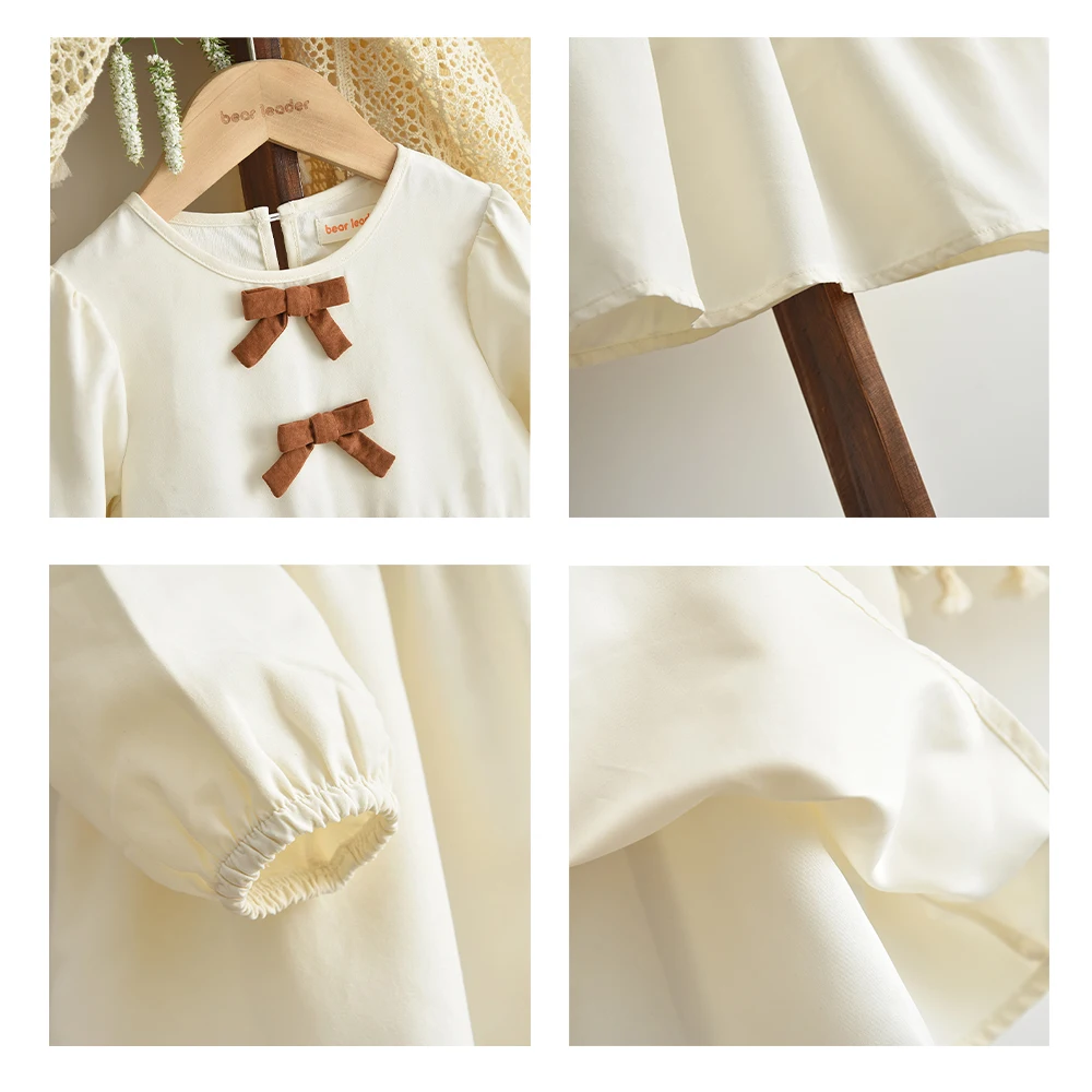 Beige Mädchen Freizeitkleider Herbst Langarm Schleife Dekoration Prinzessin Kleid Modische und einfache Freizeitkleidung für Kinder – Detail 10
