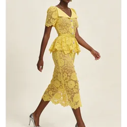 Long Lace Prom Dress Women 2026 Summer Dresses Short Sleeve Embroidery Single Breasted Beaded Diamonds Evening Party Midi Robe