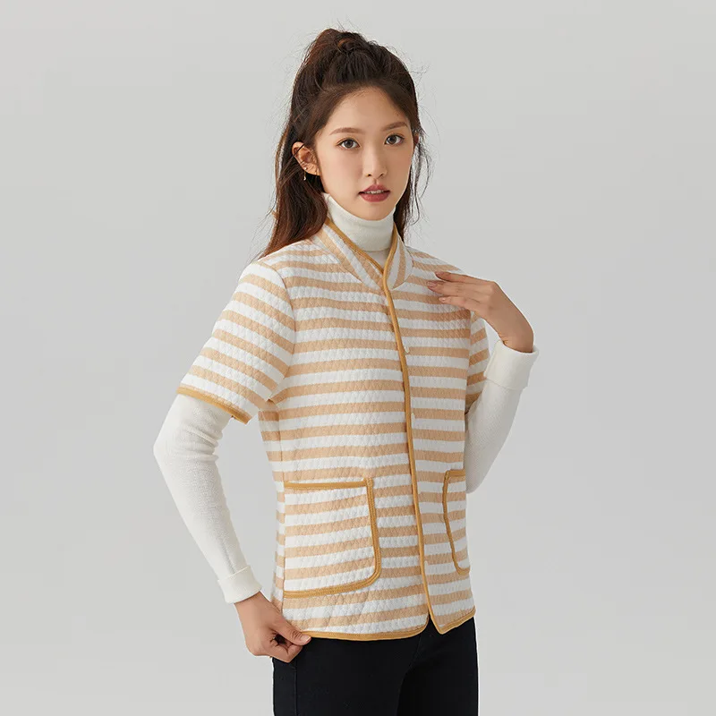 Women's Color-coded Striped Casual Trendy Simple Basic Short Sleeve Beasted Cotton Vests New Fashion Female Home Clothes Tops