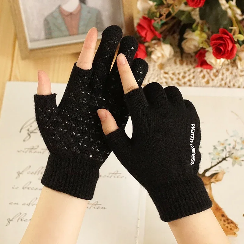 

1Pair Women And Men Black Half Finger Fingerless Wool Knitted Wrist Cotton Winter Warm Workout Anti Slip Touchscreen Gloves