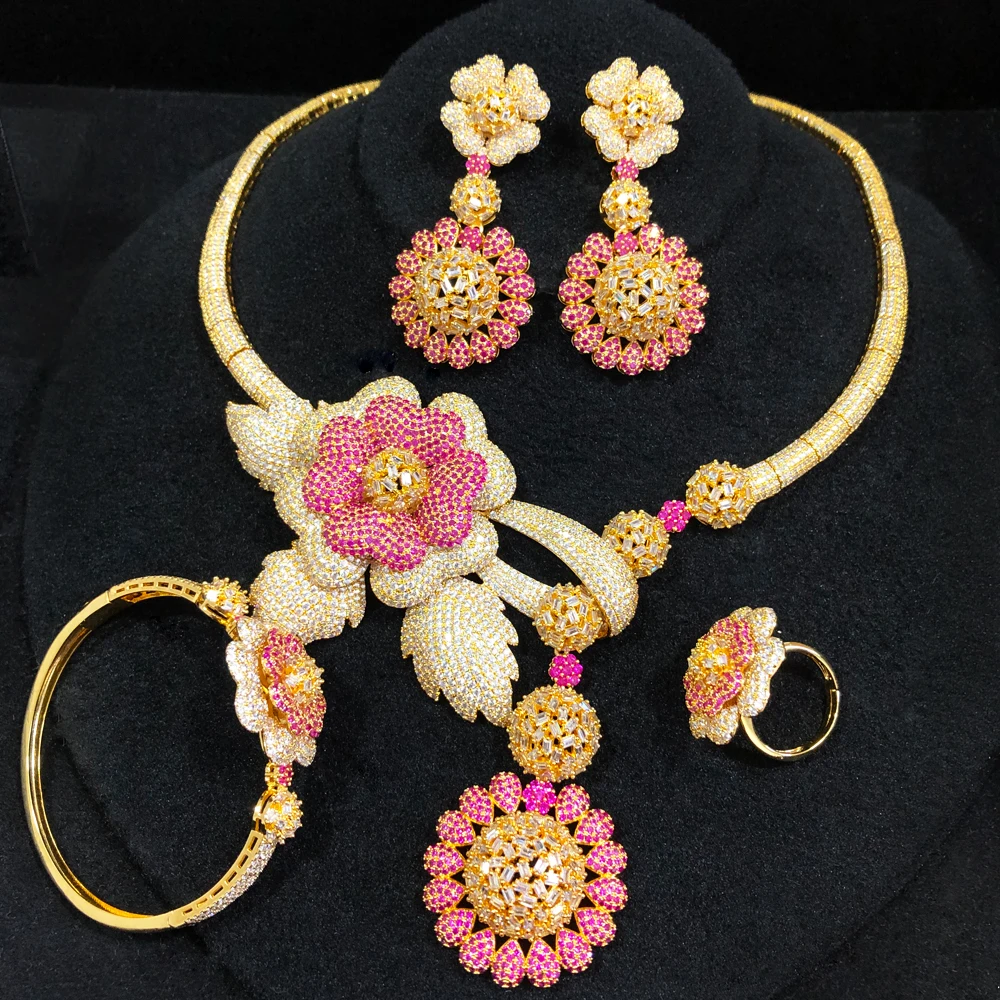 GODKI 4PC BIG Flower Leaf Luxury African Jewelry Set For Women Wedding Party Naija Bride Necklace Dubai Bridal Dress Jewelry Set