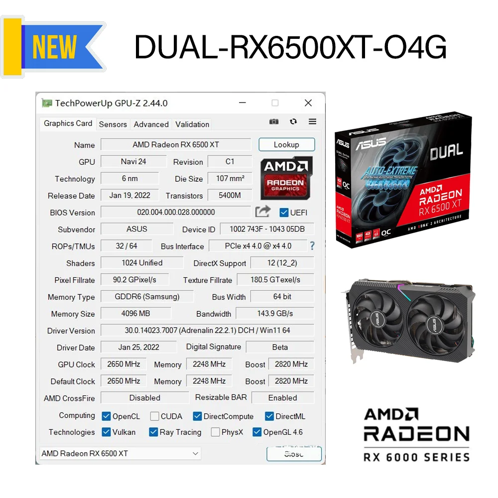 NEW ASUS DUAL-RX6500XT-O4G Graphic Card 4GB 6500XT 18000MHz GDDR6 64-bit 6nm Video Cards DeskTop CPU Support AMD Intel Mainboad