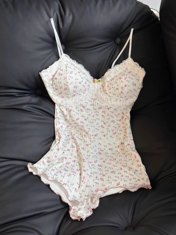 Pijama Sexy de Renda para Mulheres, Conjunto de Uma Peça com Almofada no Peito, Estilo Pure Desire, Estampa Floral, Alça Ajus...