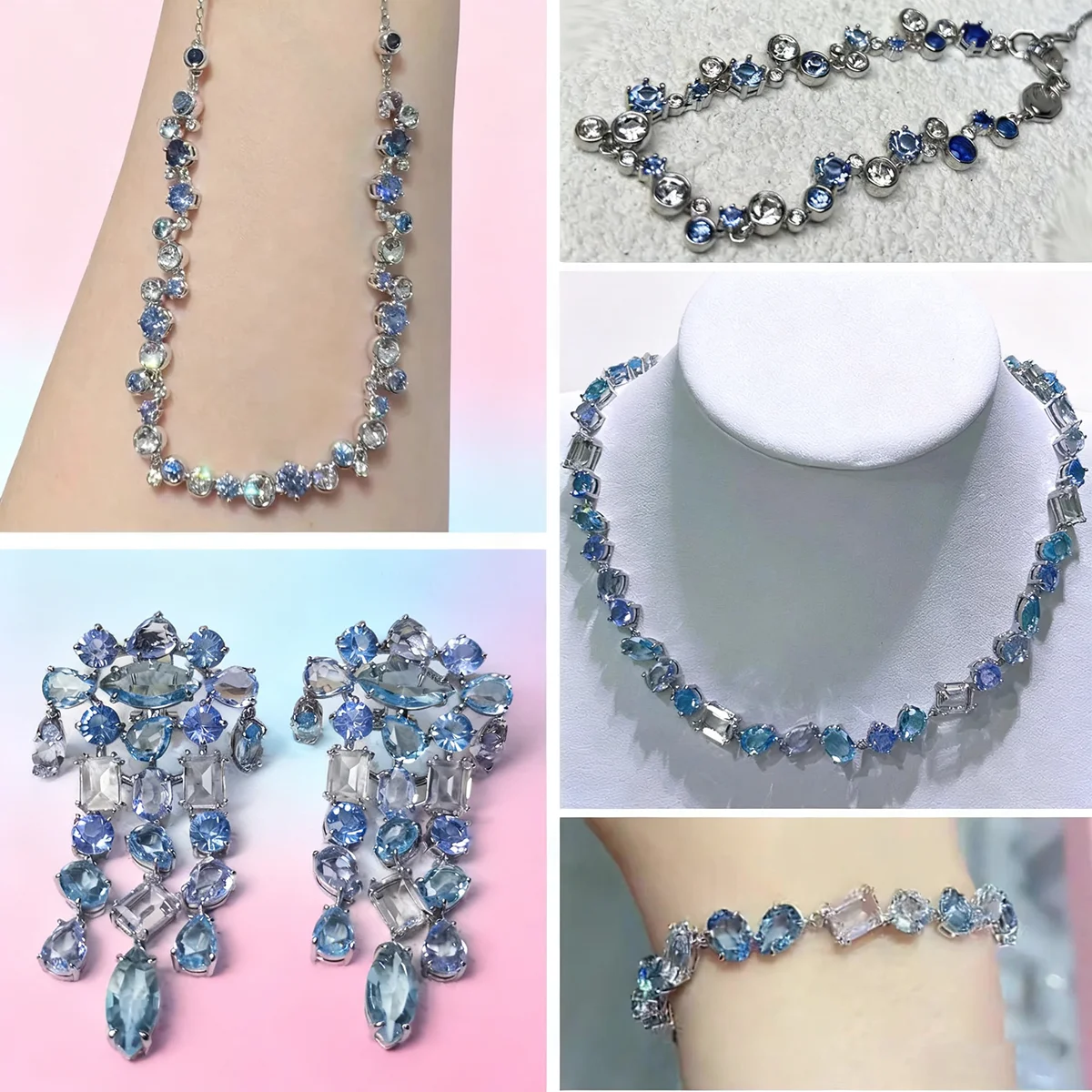 

Original Candy Blue Series for Women Fine Jewelry Set Fashion Stainless Steel Necklace Long Earrings Bracelet Party Accessories