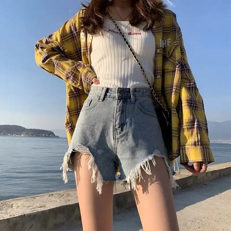 New Denim Shorts Women's Summer Wear Korean High Waist Shorts A-line Thin Loose Wide Leg Hot Pants with Holes