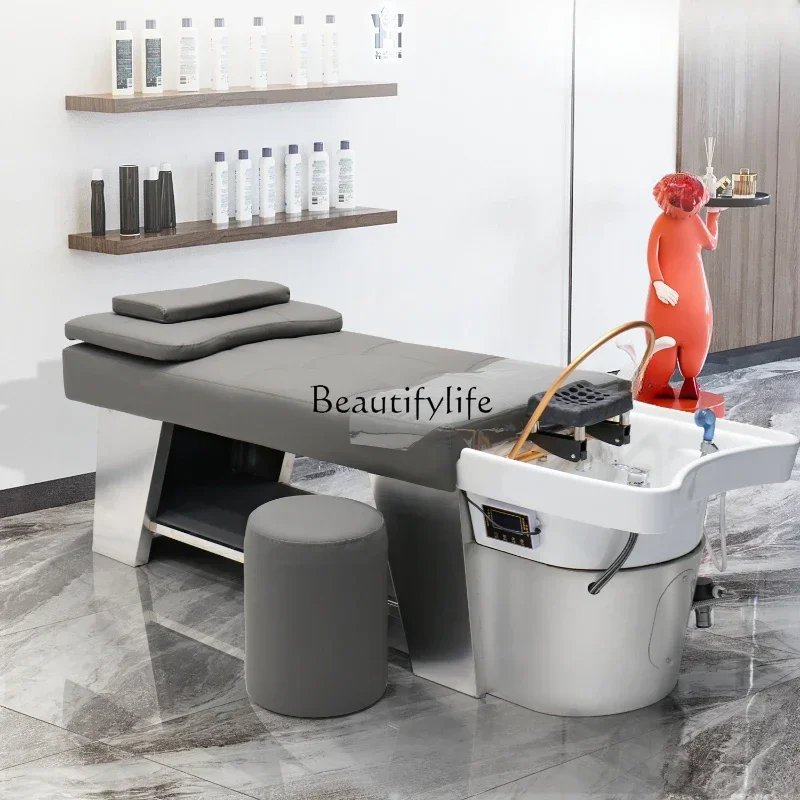 

ls 04High-End Stainless Steel Bed Barber Shop Shampoo Lying Completely for Hair Salon Ceramic Basin