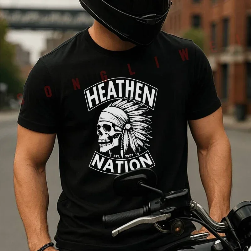 

Summer Motorcycle Casual Sports Loose Cotton T-shirt Pagan Country Viking Skull And Viking Boat Motorcycle Men's Tees