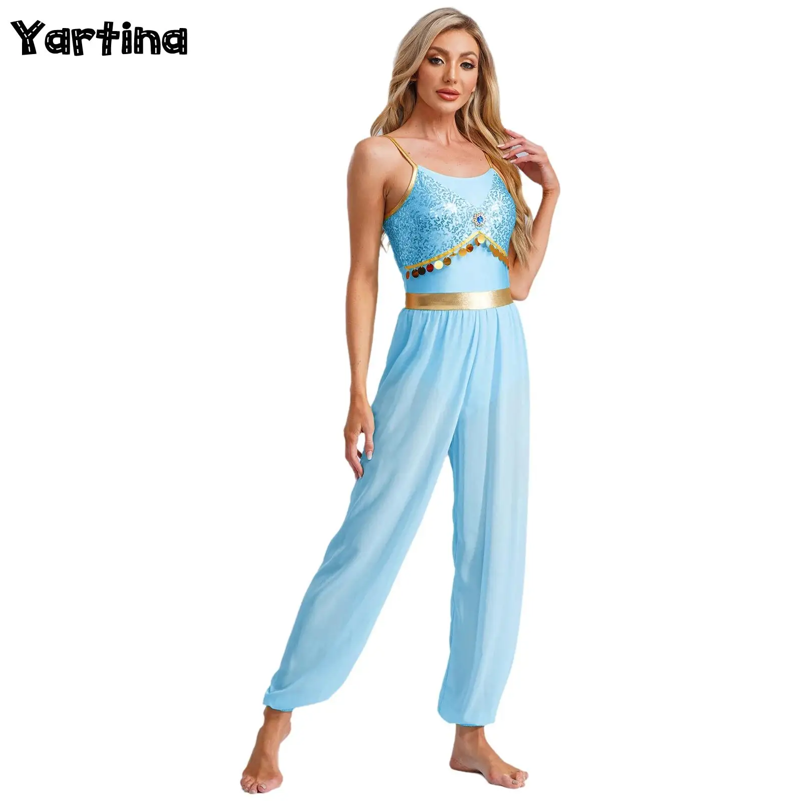 Women Arabian Princess Cosplay Costume Arabian Dance Costume Cami Jumpsuit Sequins Gem Gold Circles Chiffon Bloomers Bodysuit