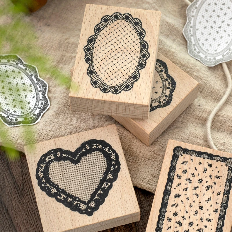 Sweet Heart Floral Oval Shape Wood Background Stamp for Scrapbooking Junk Journal Lace Shading Geometric DIY Seal Supplies - view 3