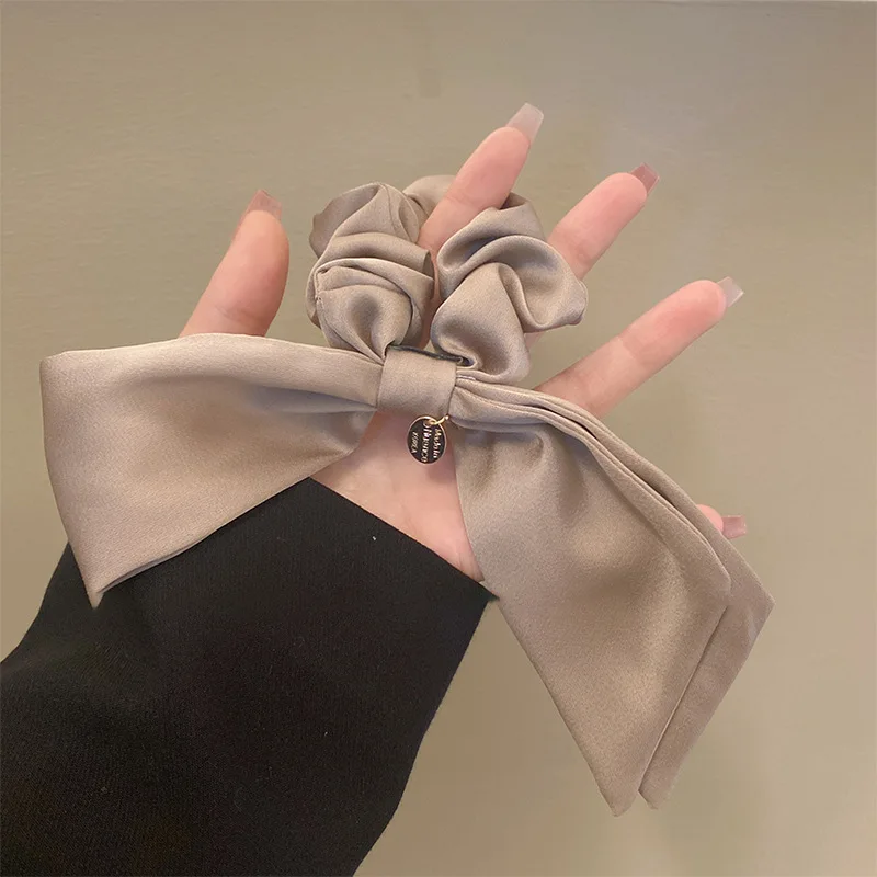 Korean Woman Large Elegant Silk Elastics Hair Band Black Satin Bow Scrunchies Hair Ties Ladies Ponytail Hold Hair Accessories