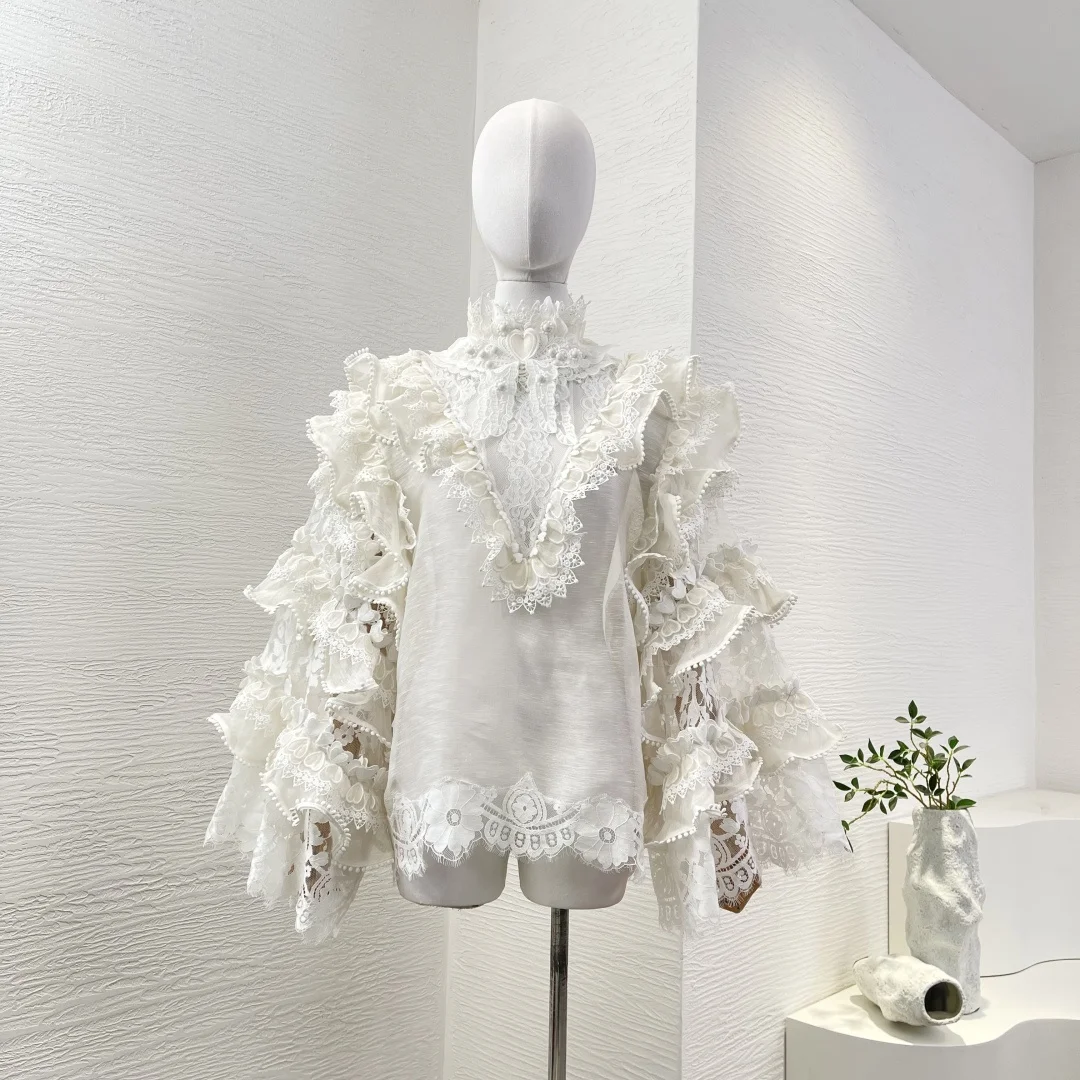 

2026 New White Long Sleeve Lace Patchwork Ruffles Blouse Tops