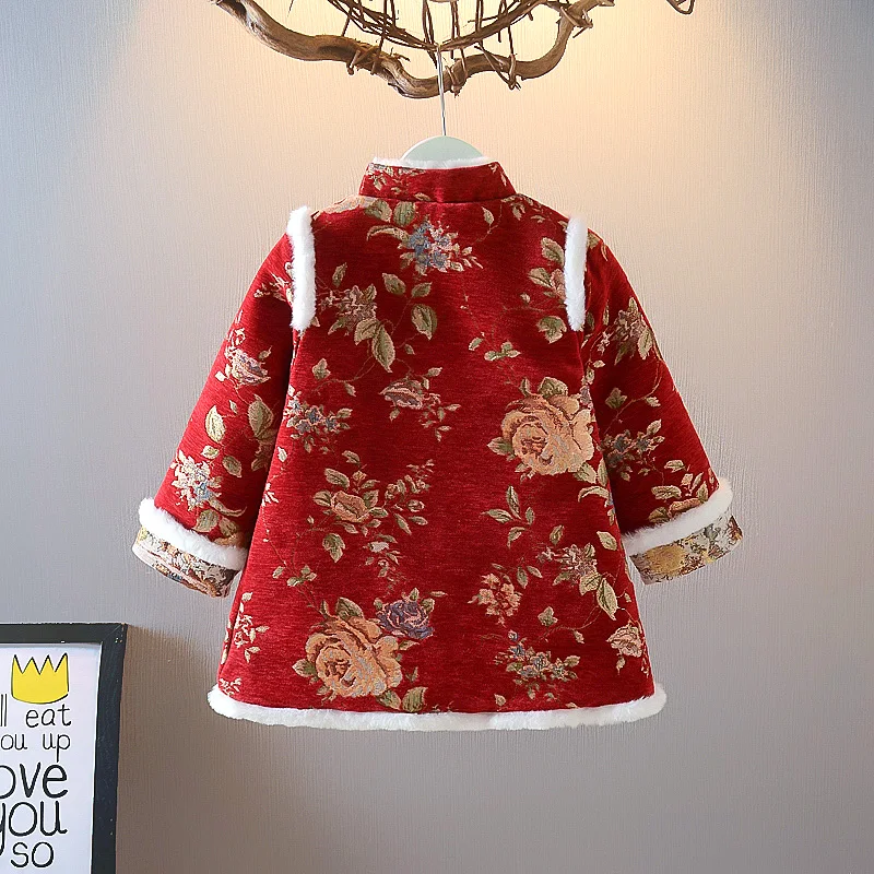 Winter Girls Clothing Kids Princess Tang Cheongsam Qipao Dress Embroidery Cotton-Pad Children Baby Red New Year Wear Vestidos