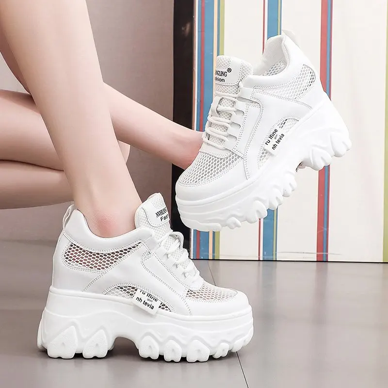 Breathable Mesh Chunky White Sneakers Women Summer 2024 Hollow Out Mesh Platform Sandals Woman Height Increased Casual Shoe 10CM