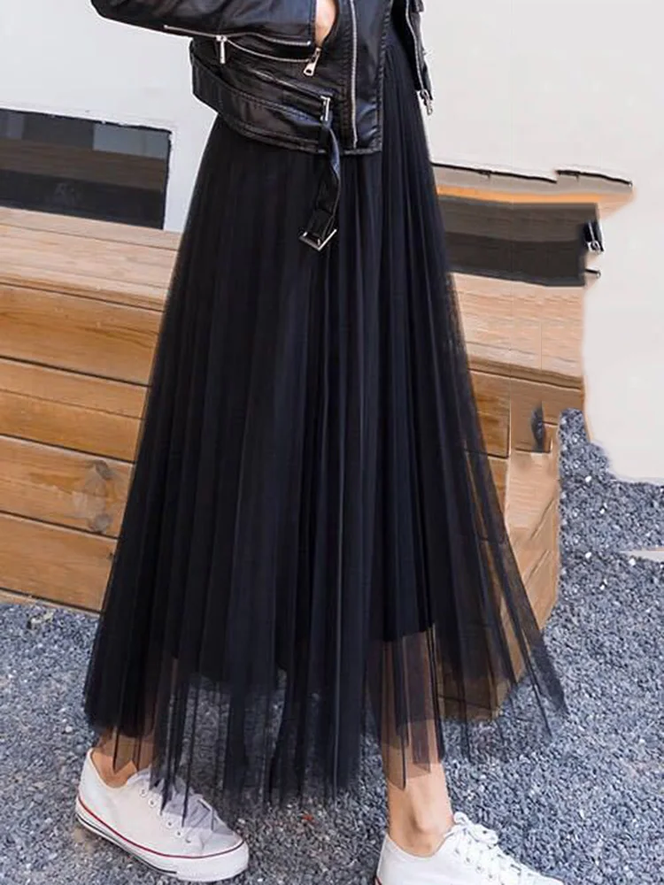 

Mesh Long Skirt Women New Summer High Waist A-line Pleated Puff Streetwear Elastic Elegant Ladies