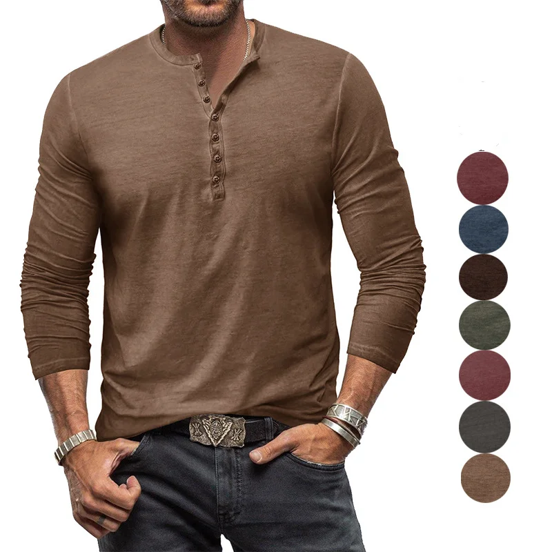 Men T-shirt Tie Dyed Henley Shirt Shirt Vintage Solid Color Long Sleeve Button Washed Worn V-neck T-shirt Men Shirt