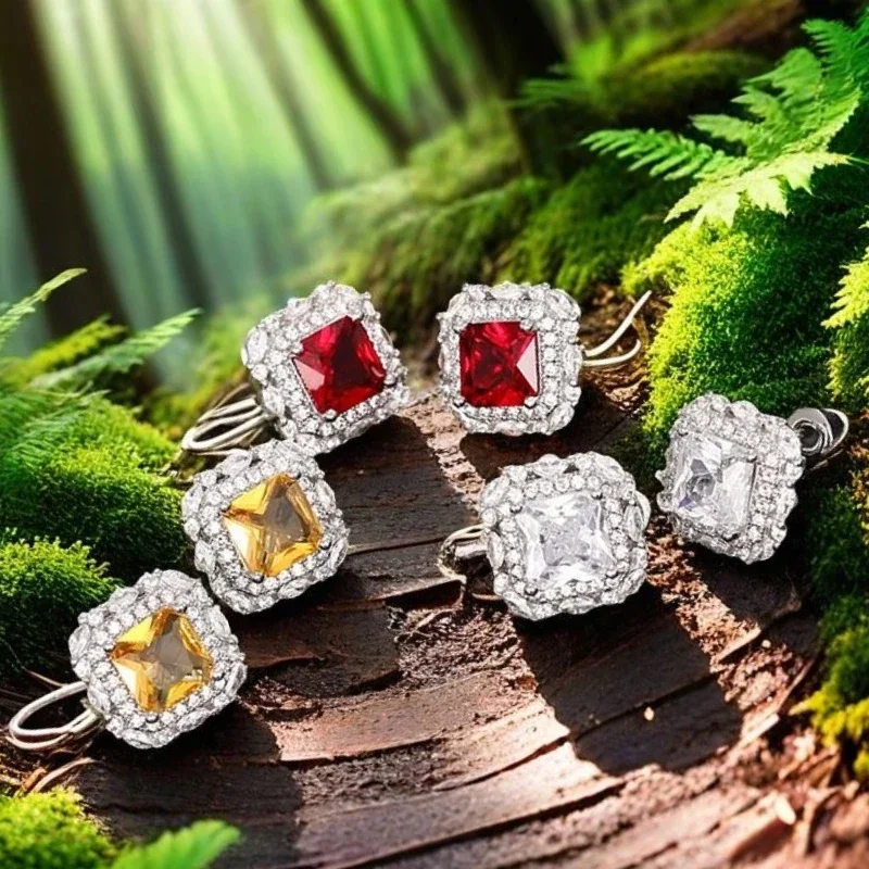 Luxurious Shiny Square Elegant Zircon Bridal Wedding Earrings with A Sense of Luxury, Attending The Banquet As Accessories